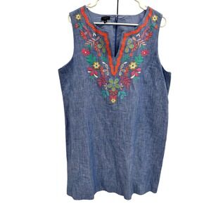 Talbots Plus Embroidered V‎ Neck Sleeveless Linen Blend Dress Blue 14W